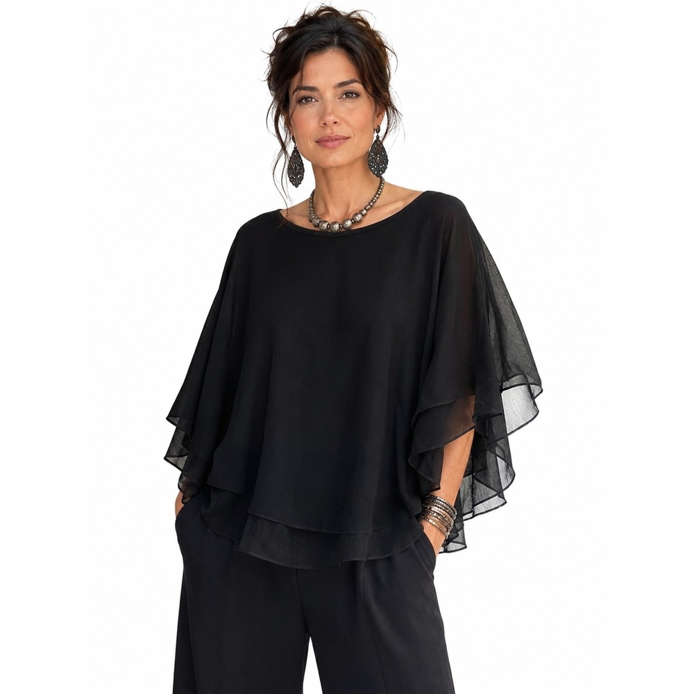 Sioni Black Layered Chiffon Cape Blouse Tiered Flutter Sleeve Top Womens L